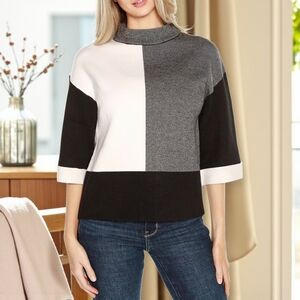 Kaily K Colorblock Cowl Neck Soft Sweater 3/4 Length Cuffed Sleeves Size S
